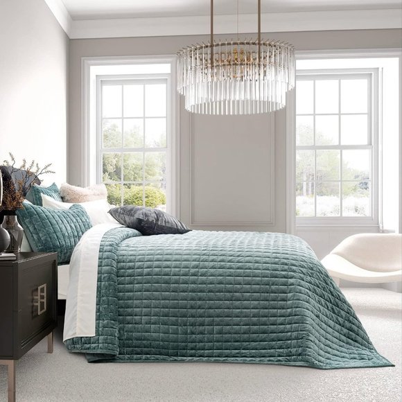 Aqua Green Blue Soft Quilted Squares Velvet Bedding Quilt Sham Set Twin Size Bed - Picture 1 of 5